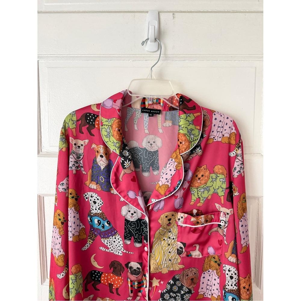 Karen Mabon Pink Dog Print Satin Long Sleeve Pajama Top Button Front XL - Picture 8 of 16
